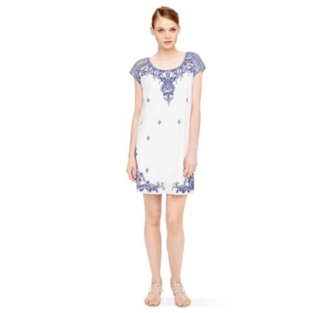 Club Monaco Dress Cream Blue 0 2 4 XS Extra Small Sheer Silk Embroidered Shift